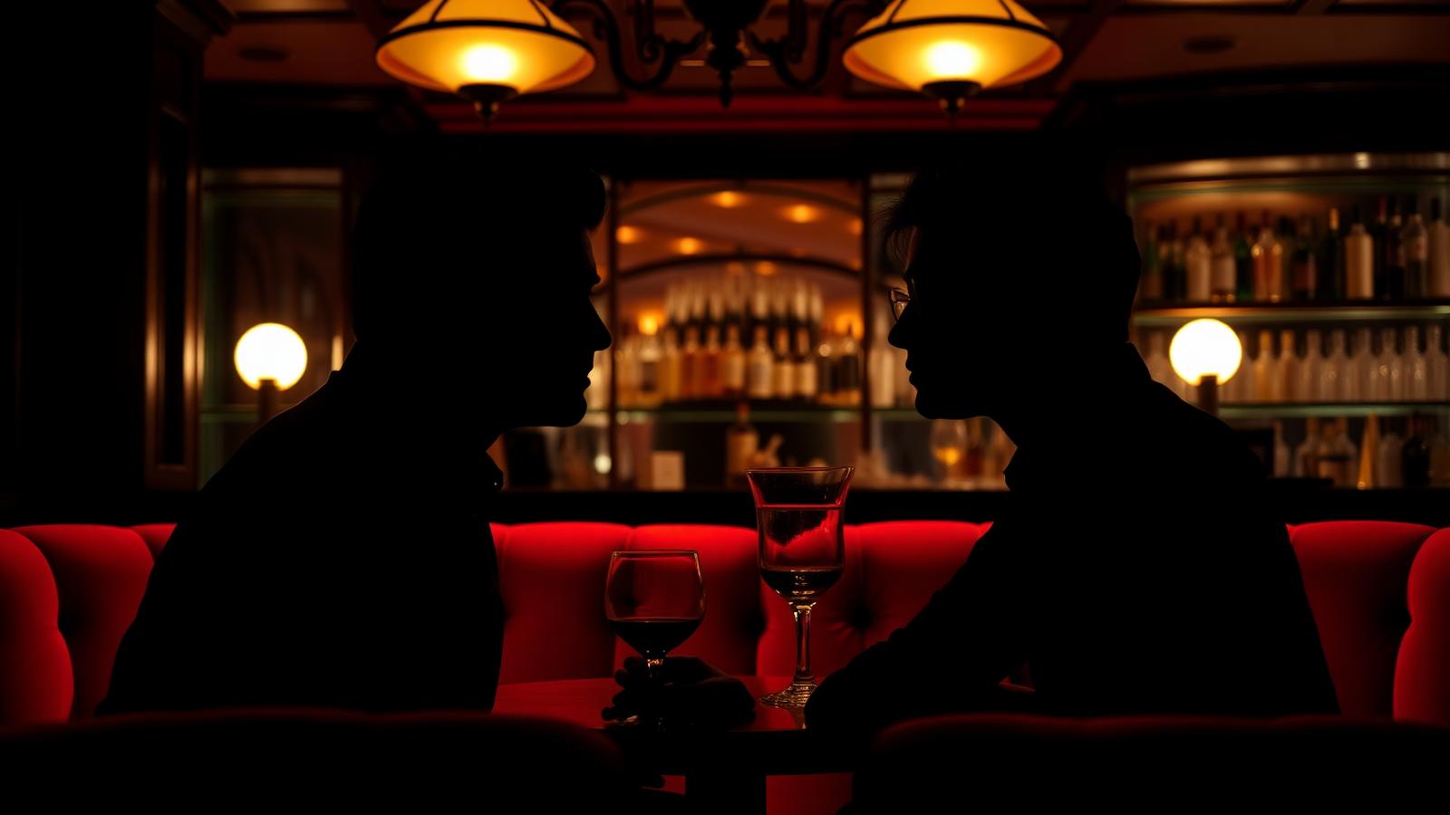 Två siluetter i en lågmäld bar — symbol för Victoria Milan